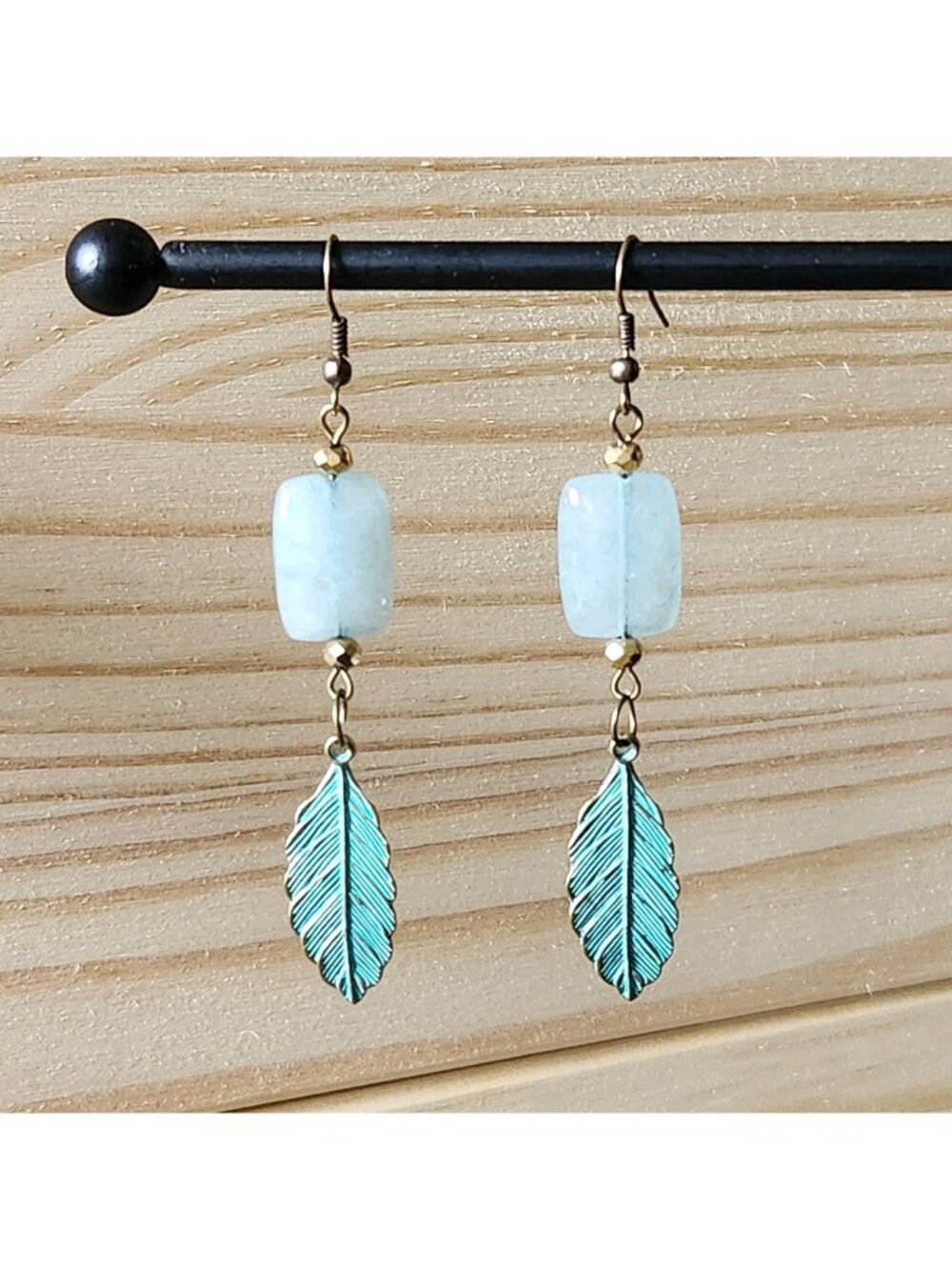 Green Gemstone Dangle Earrings Boho Aventurine Stone Bead and Metal Leaf Charm